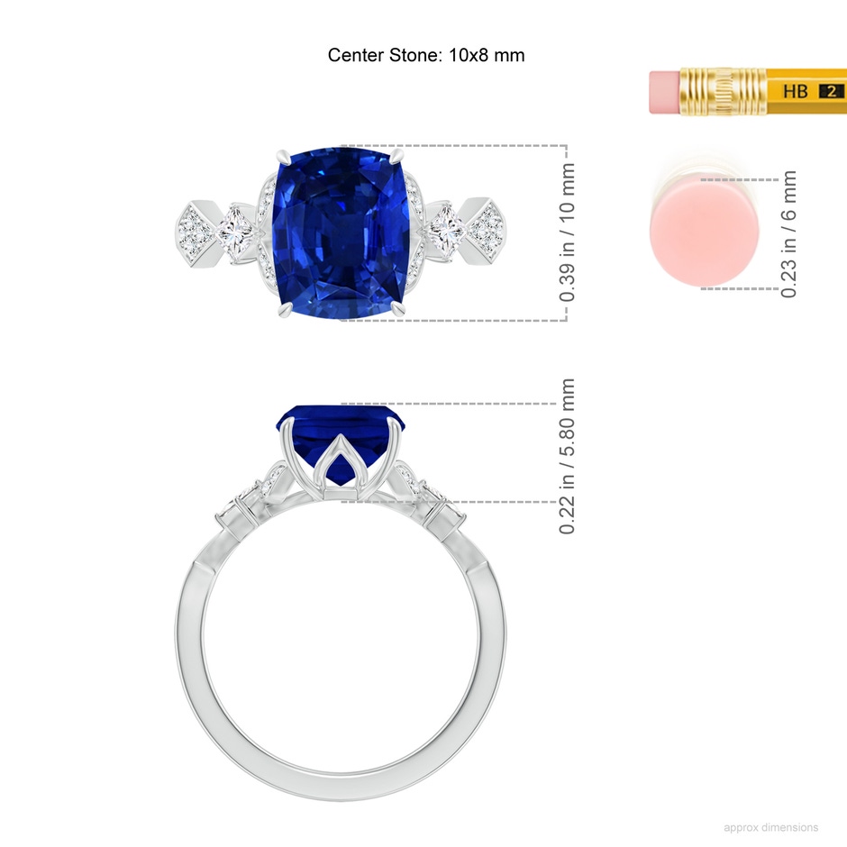 10x8mm AAAA Vintage Style Cushion Rectangular Blue Sapphire Engagement Ring with Leaf Motifs in White Gold ruler