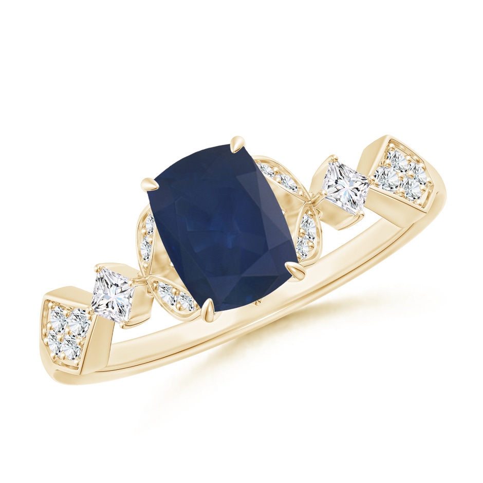 7x5mm A Vintage Style Cushion Rectangular Blue Sapphire Engagement Ring with Leaf Motifs in Yellow Gold 