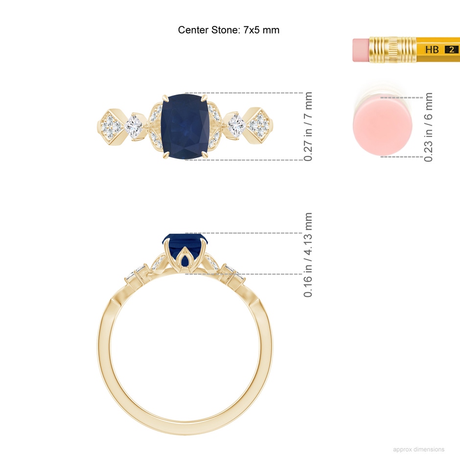 7x5mm A Vintage Style Cushion Rectangular Blue Sapphire Engagement Ring with Leaf Motifs in Yellow Gold ruler