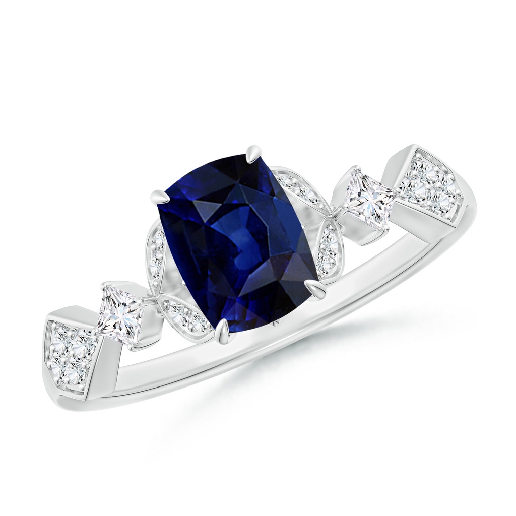 7x5mm AAA Vintage Style Cushion Rectangular Blue Sapphire Engagement Ring with Leaf Motifs in 18K White Gold