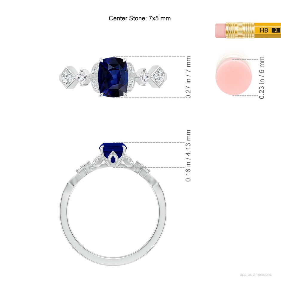 7x5mm AAA Vintage Style Cushion Rectangular Blue Sapphire Engagement Ring with Leaf Motifs in 18K White Gold ruler