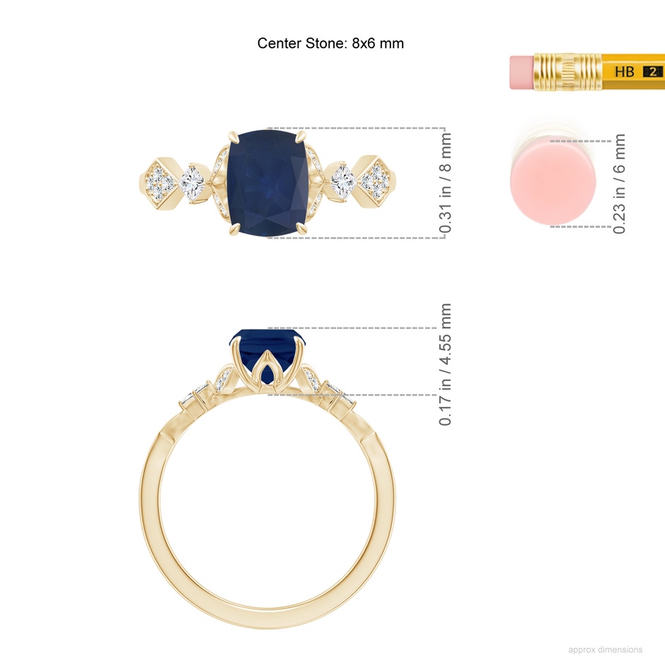 8x6mm A Vintage Style Cushion Rectangular Blue Sapphire Engagement Ring with Leaf Motifs in Yellow Gold ruler