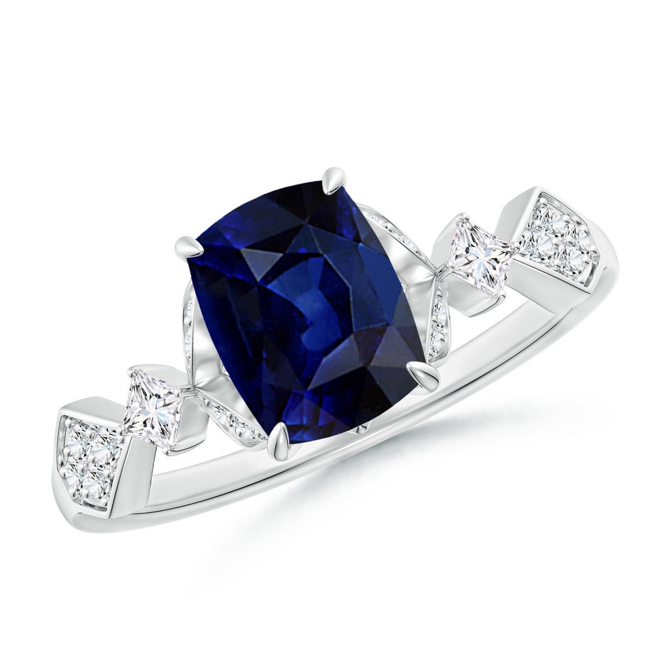 8x6mm AAA Vintage Style Cushion Rectangular Blue Sapphire Engagement Ring with Leaf Motifs in White Gold 