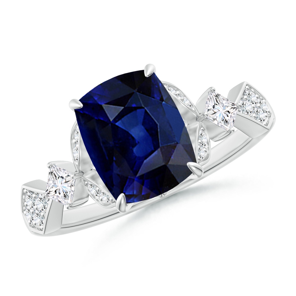9x7mm AAA Vintage Style Cushion Rectangular Blue Sapphire Engagement Ring with Leaf Motifs in White Gold