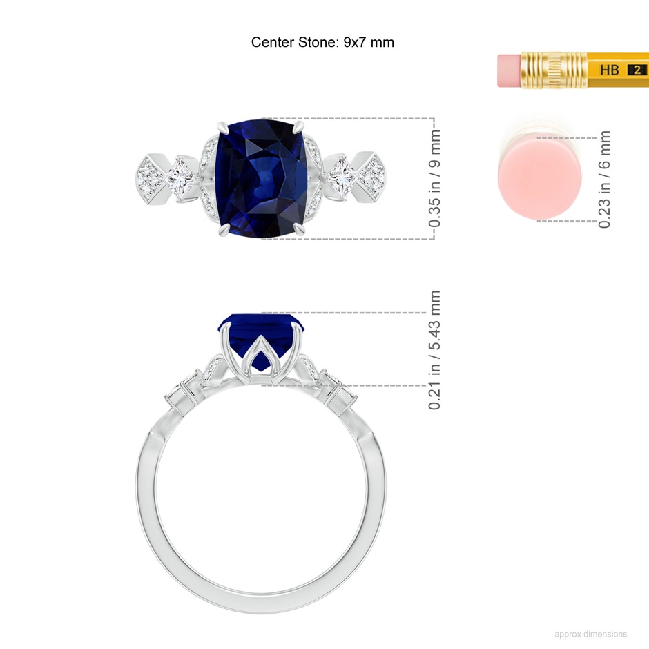 9x7mm AAA Vintage Style Cushion Rectangular Blue Sapphire Engagement Ring with Leaf Motifs in White Gold ruler