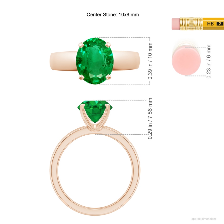 10x8mm AAA Prong-Set Oval Emerald Solitaire Engagement Ring in Rose Gold ruler