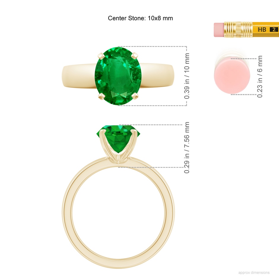 10x8mm AAAA Prong-Set Oval Emerald Solitaire Engagement Ring in Yellow Gold ruler