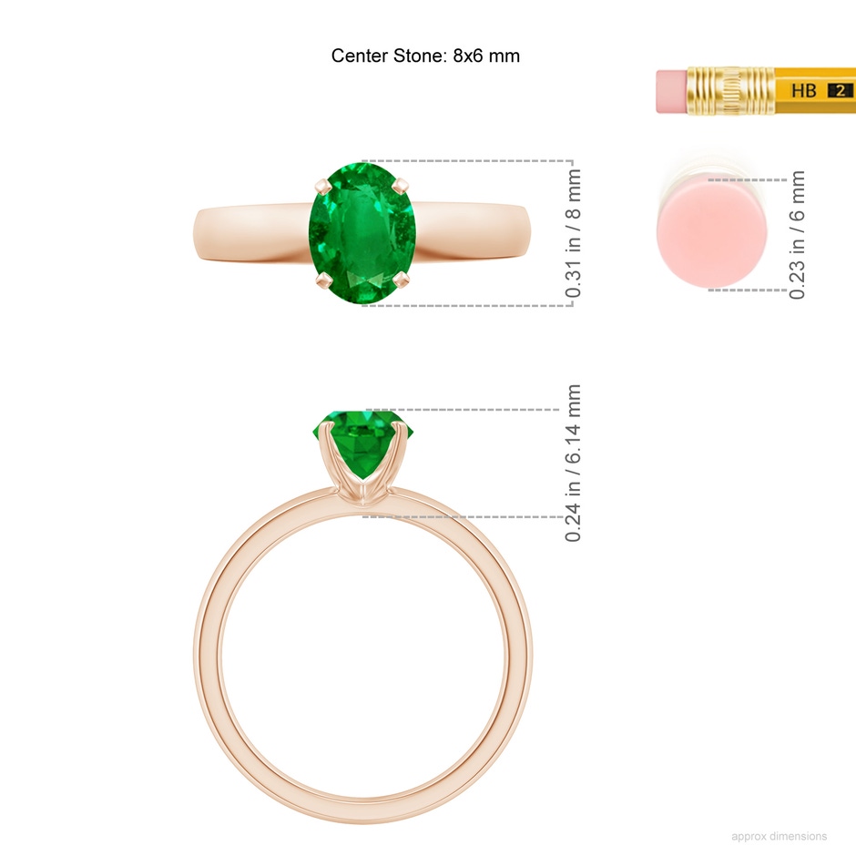 8x6mm AAAA Prong-Set Oval Emerald Solitaire Engagement Ring in Rose Gold ruler