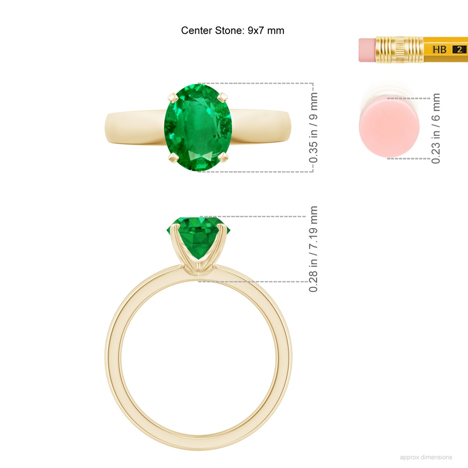 9x7mm AAA Prong-Set Oval Emerald Solitaire Engagement Ring in Yellow Gold ruler