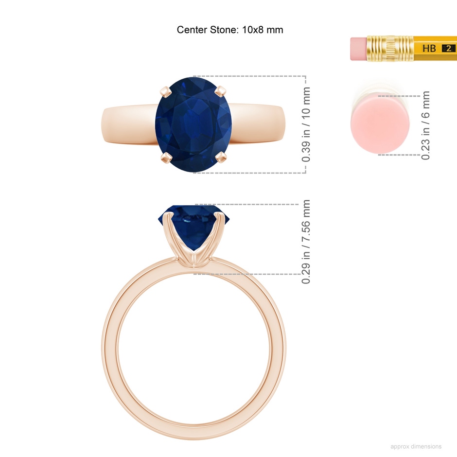10x8mm AA Prong-Set Oval Blue Sapphire Solitaire Engagement Ring in Rose Gold ruler