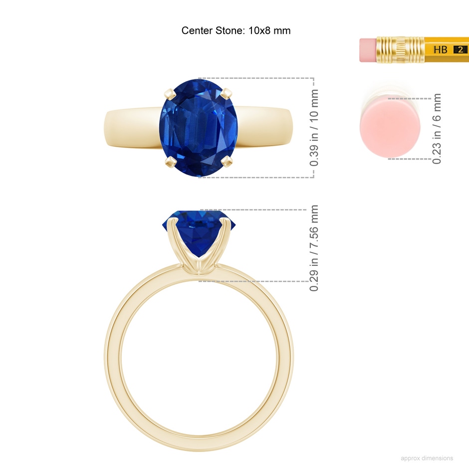 10x8mm AAA Prong-Set Oval Blue Sapphire Solitaire Engagement Ring in Yellow Gold ruler