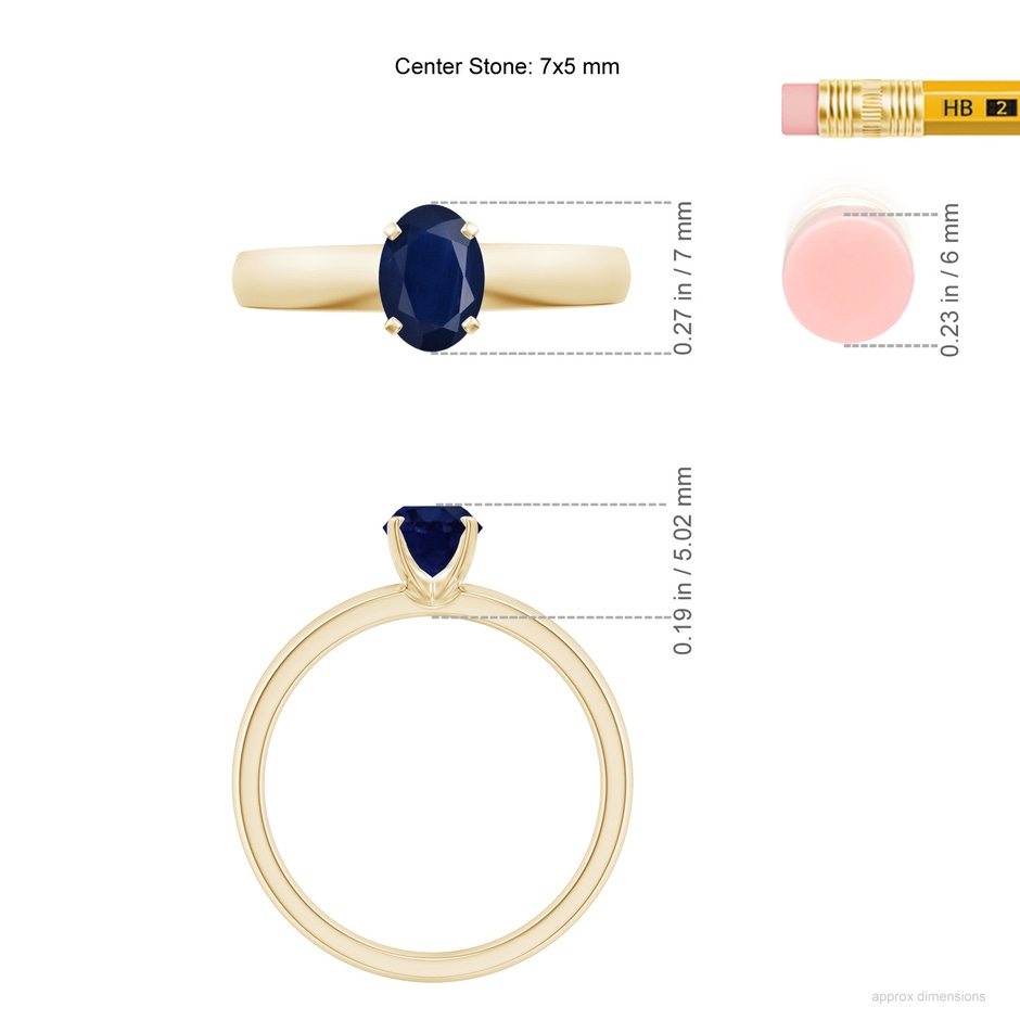 7x5mm A Prong-Set Oval Blue Sapphire Solitaire Engagement Ring in Yellow Gold ruler