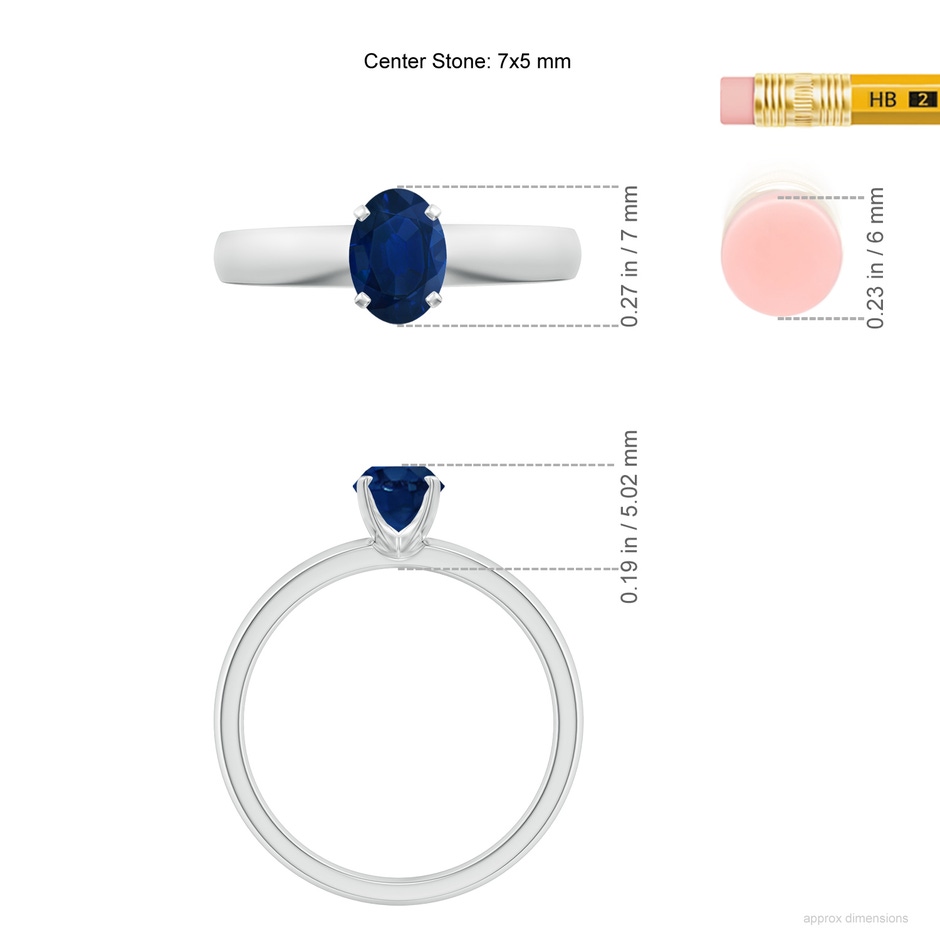7x5mm AA Prong-Set Oval Blue Sapphire Solitaire Engagement Ring in White Gold ruler