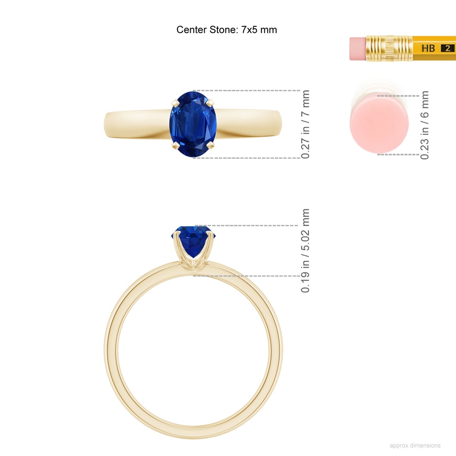 7x5mm AAA Prong-Set Oval Blue Sapphire Solitaire Engagement Ring in Yellow Gold ruler