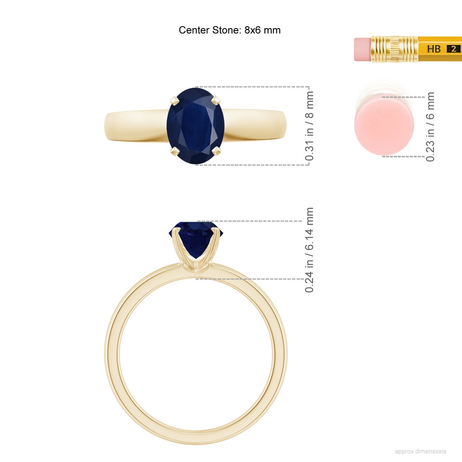 8x6mm A Prong-Set Oval Blue Sapphire Solitaire Engagement Ring in Yellow Gold ruler