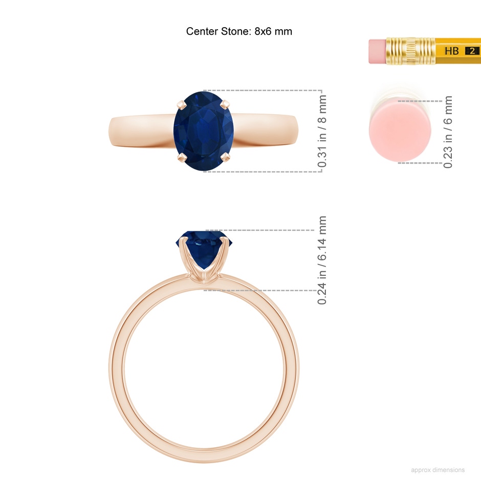 8x6mm AA Prong-Set Oval Blue Sapphire Solitaire Engagement Ring in Rose Gold ruler