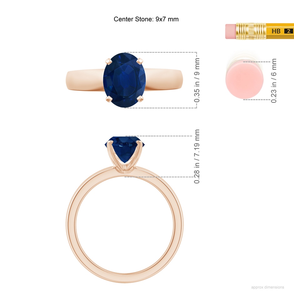 9x7mm AA Prong-Set Oval Blue Sapphire Solitaire Engagement Ring in Rose Gold ruler
