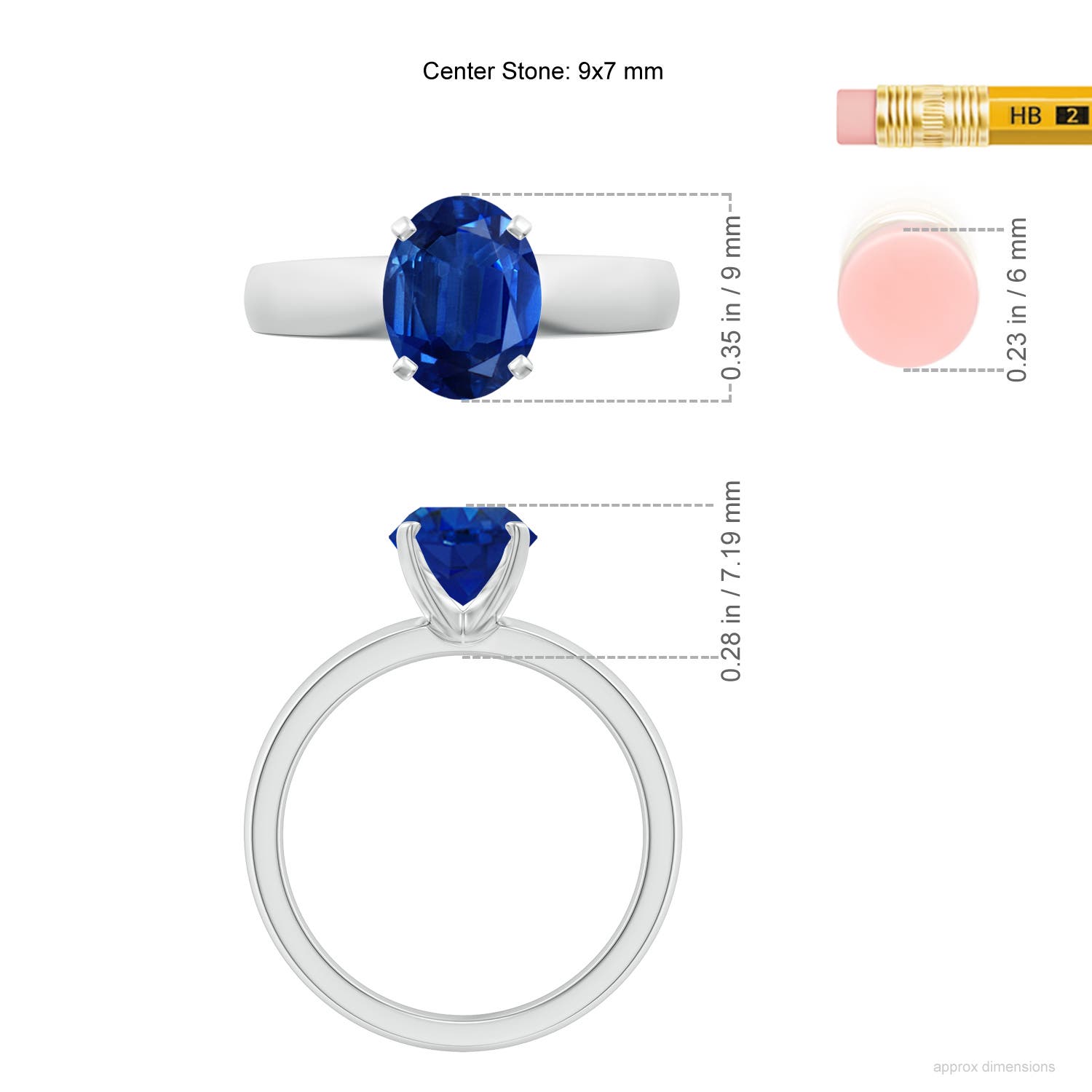 9x7mm AAA Prong-Set Oval Blue Sapphire Solitaire Engagement Ring in White Gold - ruler