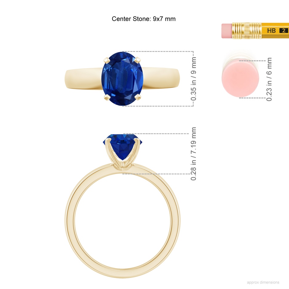 9x7mm AAA Prong-Set Oval Blue Sapphire Solitaire Engagement Ring in Yellow Gold ruler