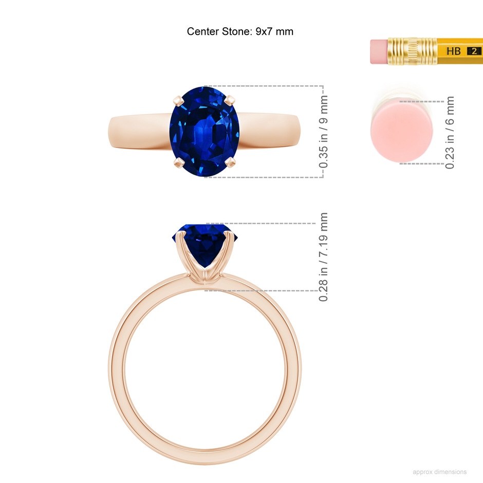 9x7mm AAAA Prong-Set Oval Blue Sapphire Solitaire Engagement Ring in Rose Gold ruler