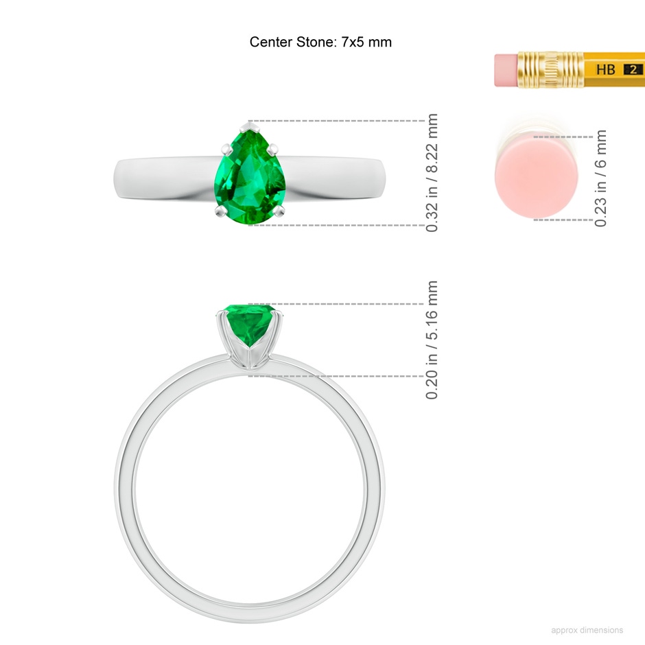 7x5mm AAA Prong-Set Pear Emerald Solitaire Engagement Ring in 18K White Gold ruler