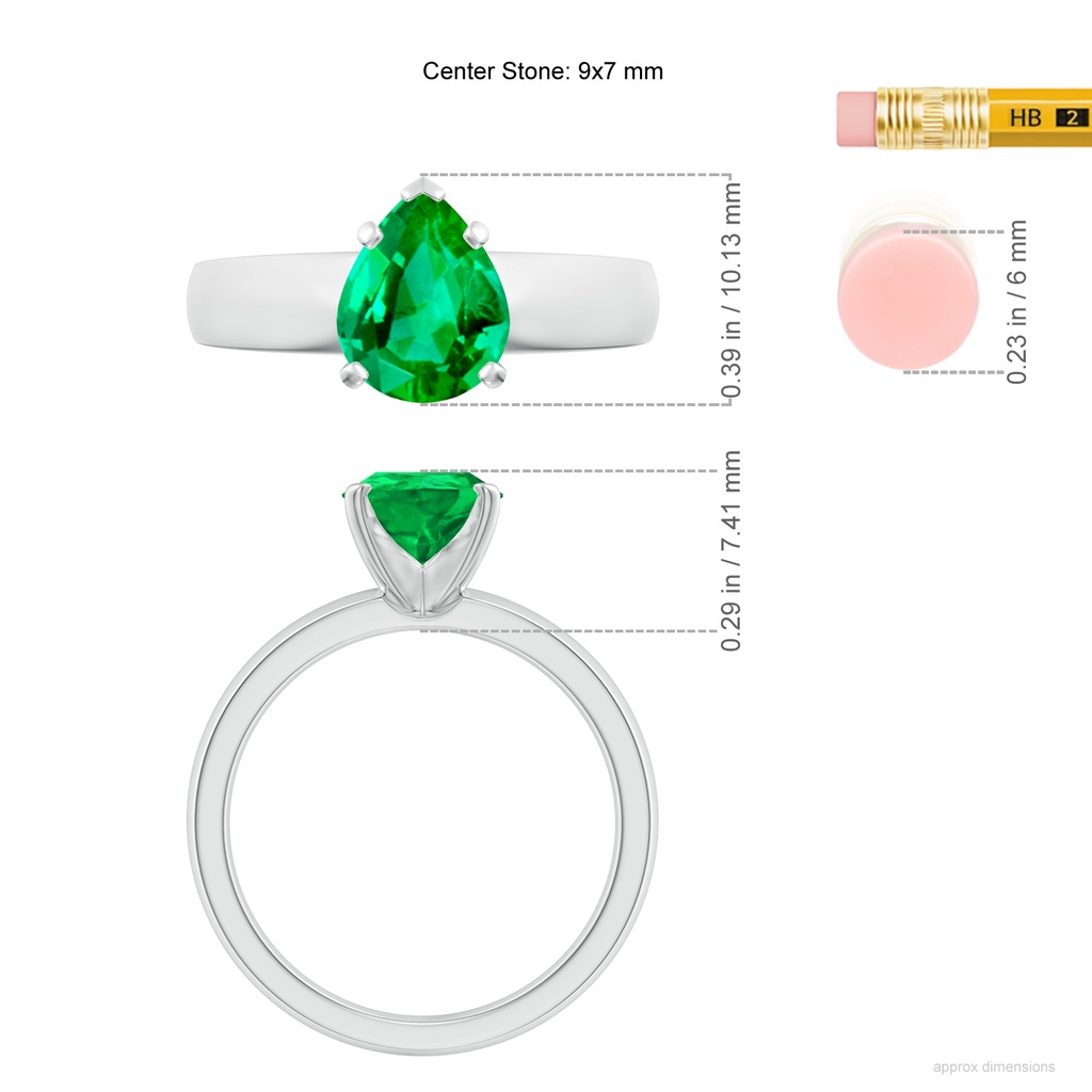 9x7mm AAA Prong-Set Pear Emerald Solitaire Engagement Ring in White Gold ruler