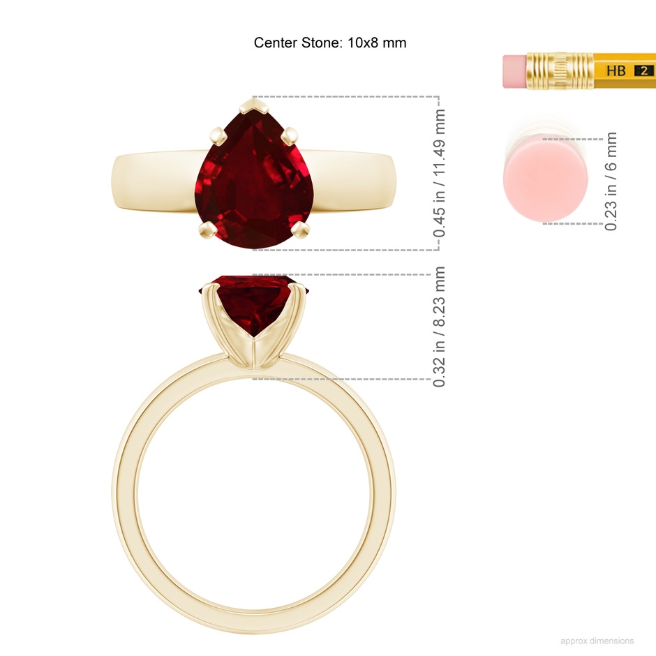 10x8mm AAAA Prong-Set Pear Ruby Solitaire Engagement Ring in Yellow Gold ruler