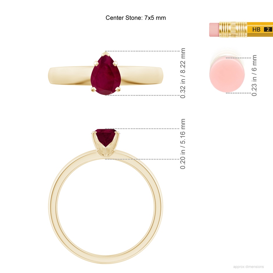 7x5mm A Prong-Set Pear Ruby Solitaire Engagement Ring in Yellow Gold ruler