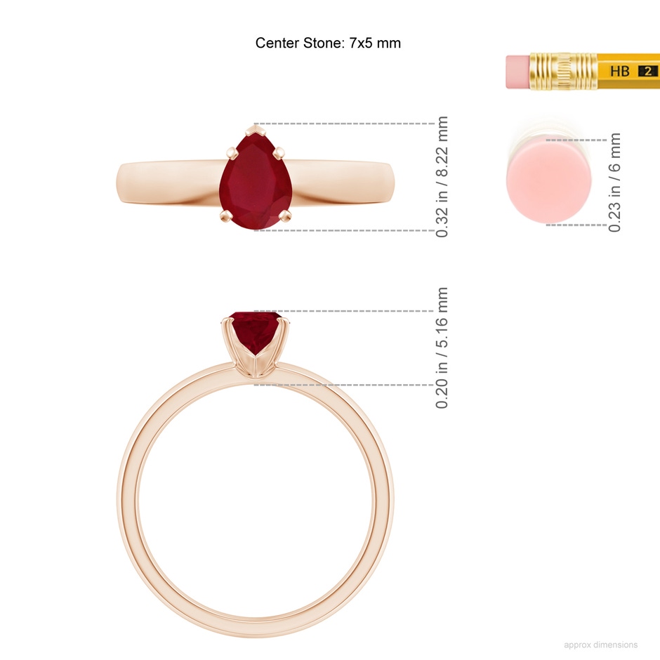 7x5mm AA Prong-Set Pear Ruby Solitaire Engagement Ring in Rose Gold ruler