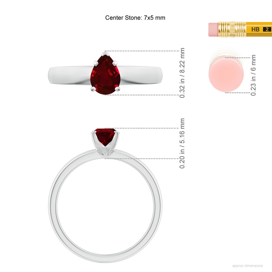 7x5mm AAAA Prong-Set Pear Ruby Solitaire Engagement Ring in White Gold ruler