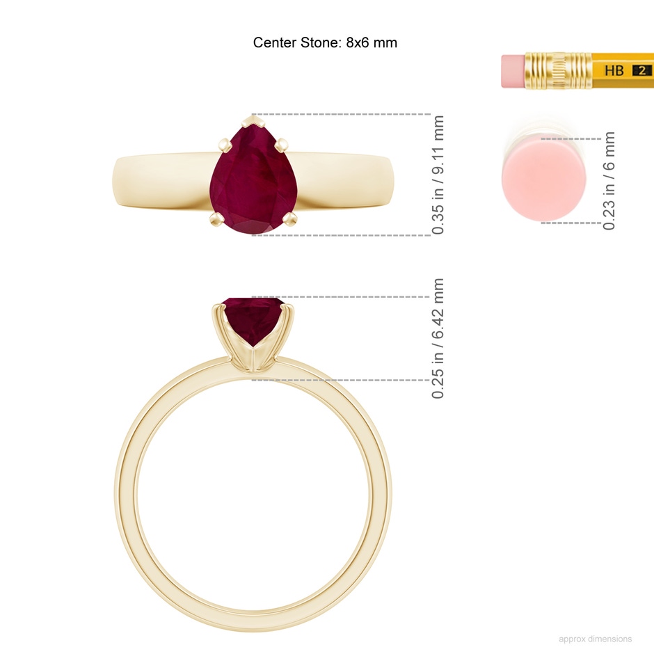 8x6mm A Prong-Set Pear Ruby Solitaire Engagement Ring in Yellow Gold ruler
