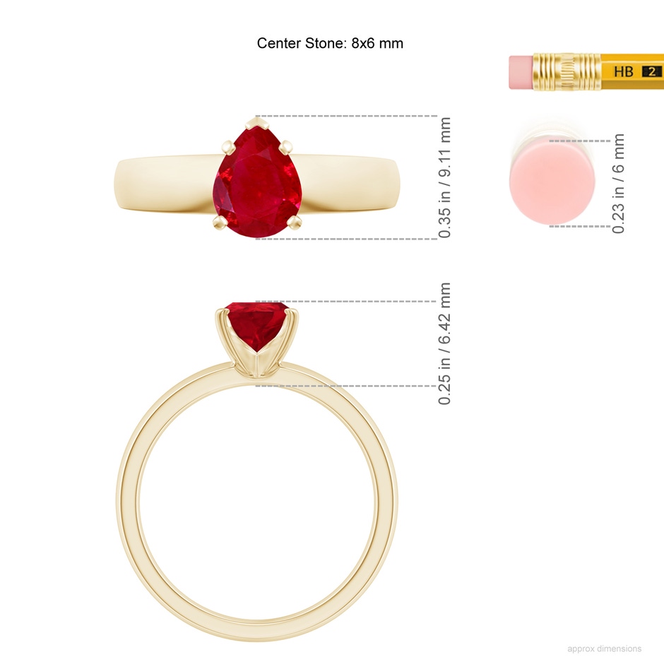 8x6mm AAA Prong-Set Pear Ruby Solitaire Engagement Ring in Yellow Gold ruler