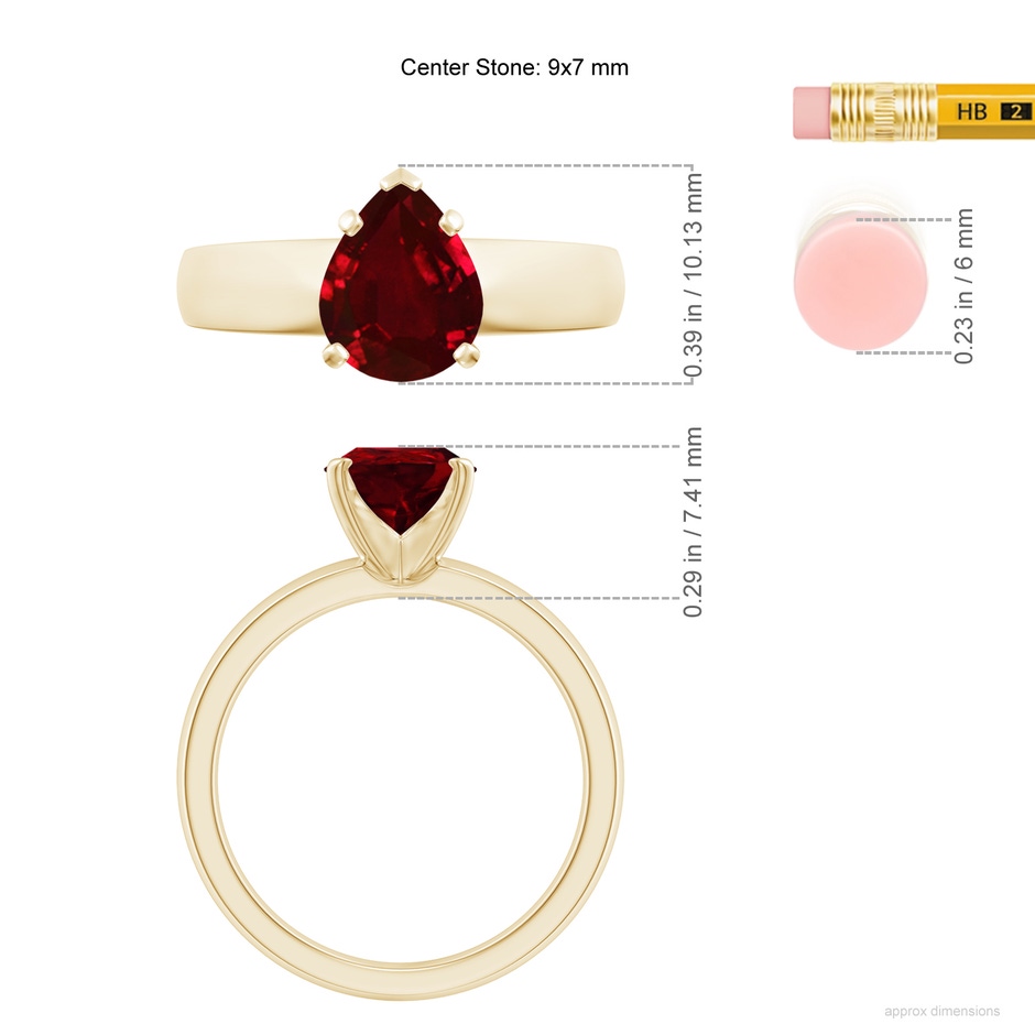 9x7mm AAAA Prong-Set Pear Ruby Solitaire Engagement Ring in Yellow Gold ruler