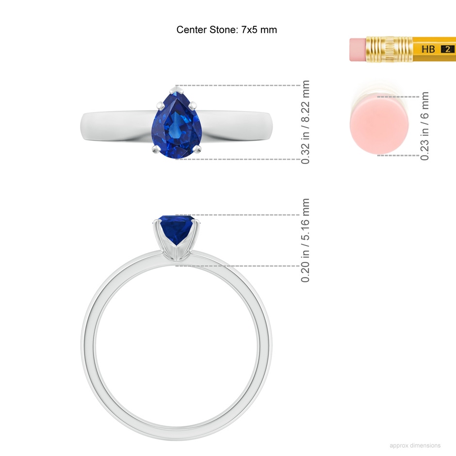 7x5mm AAA Prong-Set Pear Blue Sapphire Solitaire Engagement Ring in White Gold ruler