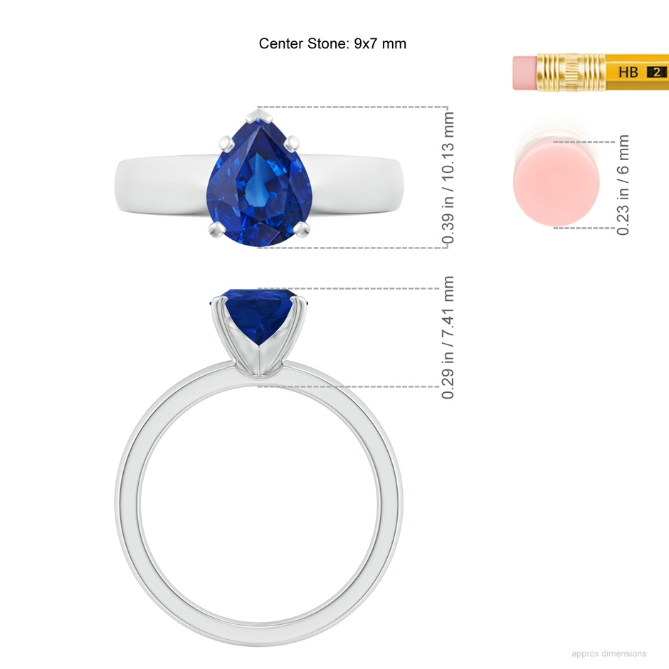 9x7mm AAA Prong-Set Pear Blue Sapphire Solitaire Engagement Ring in White Gold ruler