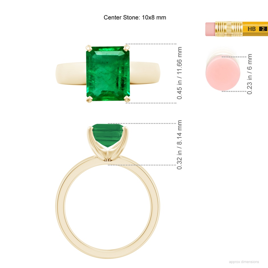 10x8mm AAA Prong-Set Emerald-Cut Emerald Solitaire Engagement Ring in Yellow Gold ruler