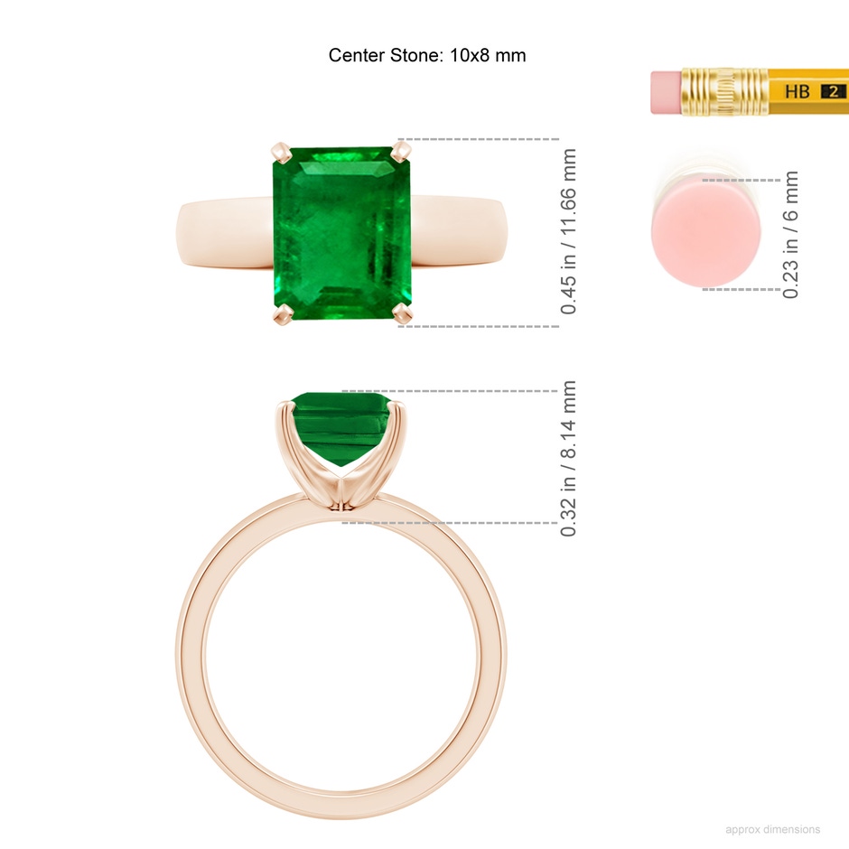 10x8mm AAAA Prong-Set Emerald-Cut Emerald Solitaire Engagement Ring in 18K Rose Gold ruler