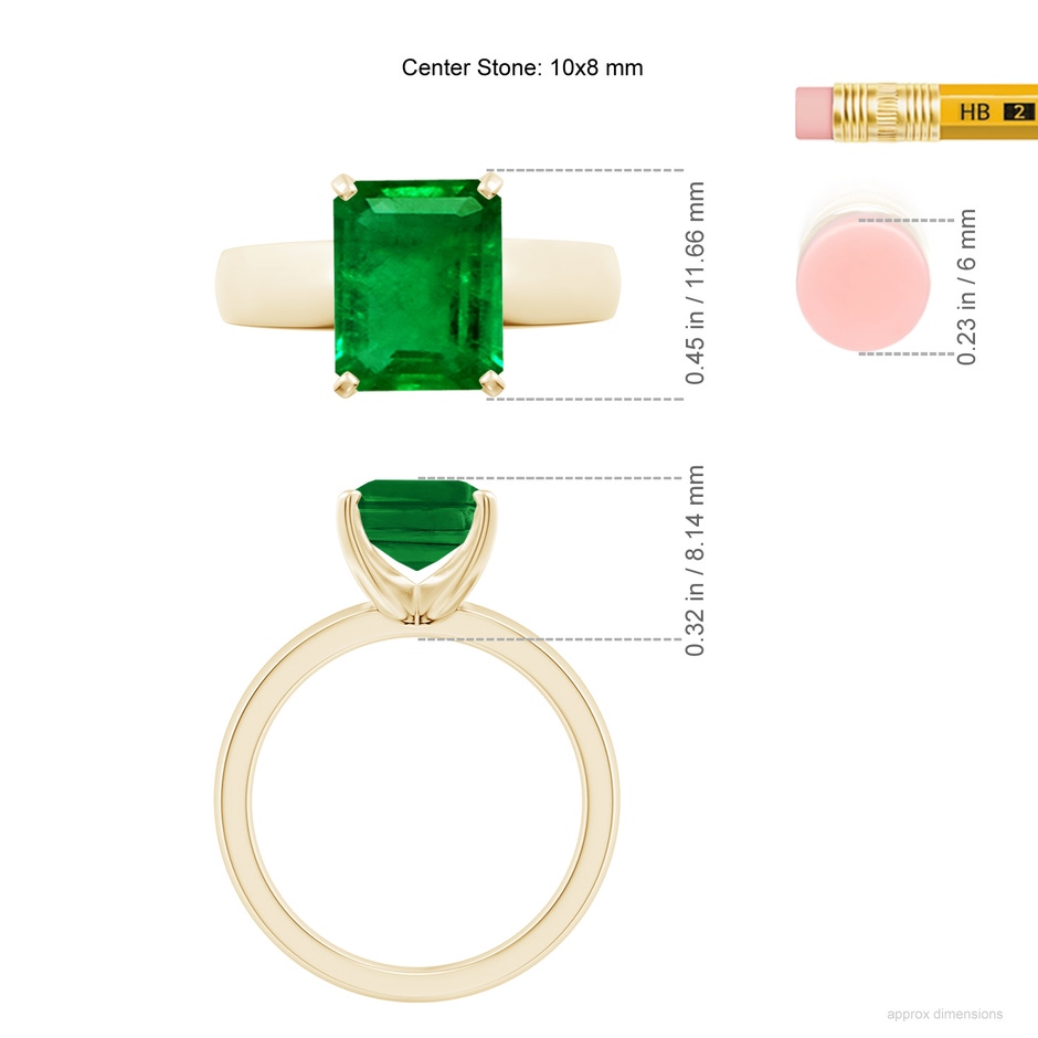 10x8mm AAAA Prong-Set Emerald-Cut Emerald Solitaire Engagement Ring in Yellow Gold ruler