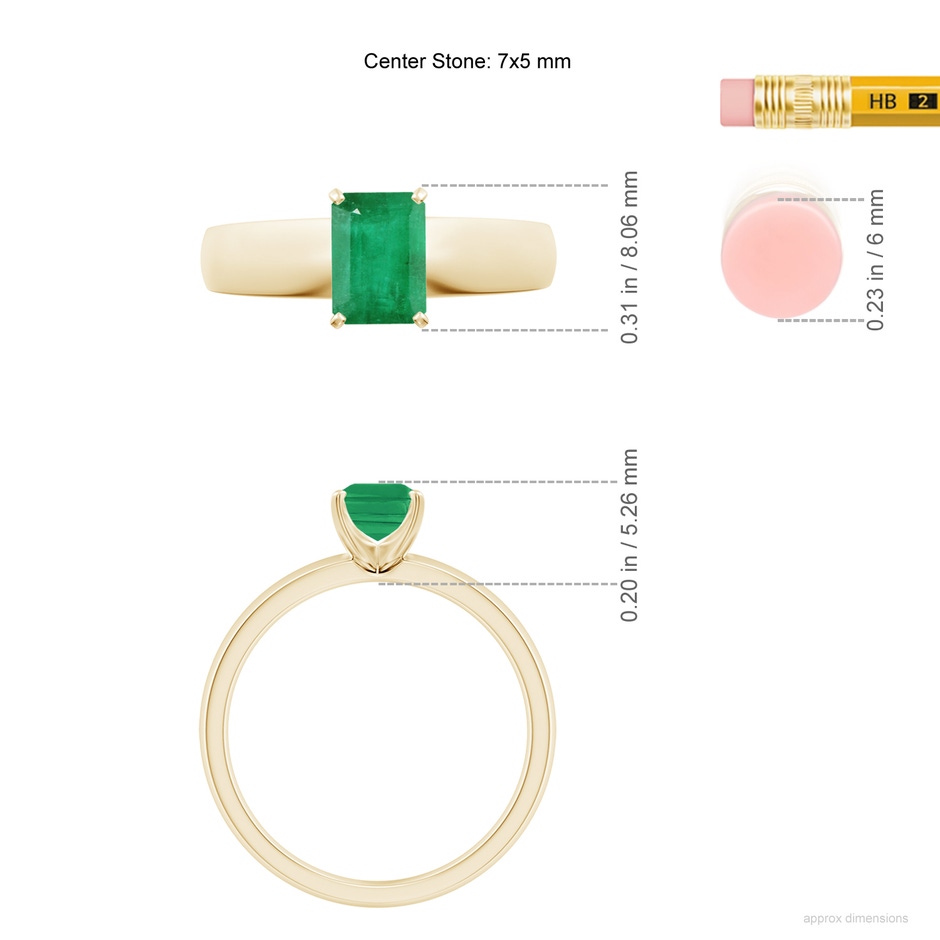 7x5mm A Prong-Set Emerald-Cut Emerald Solitaire Engagement Ring in Yellow Gold ruler