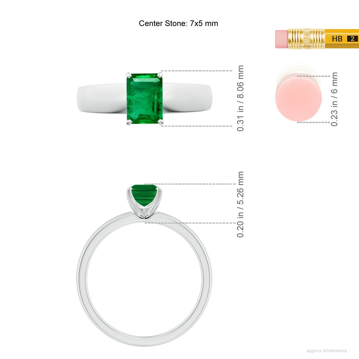 7x5mm AAA Prong-Set Emerald-Cut Emerald Solitaire Engagement Ring in White Gold - ruler