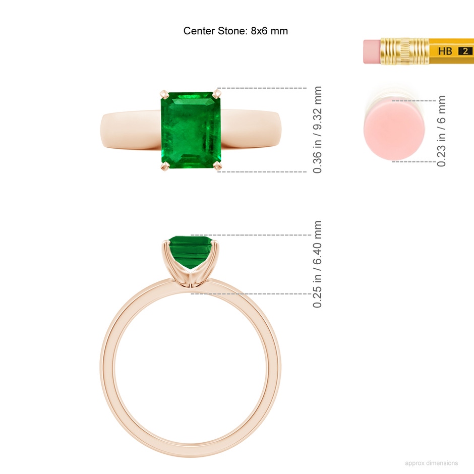 8x6mm AAAA Prong-Set Emerald-Cut Emerald Solitaire Engagement Ring in Rose Gold ruler