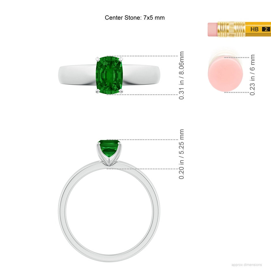 7x5mm AAAA Prong-Set Cushion Rectangular Emerald Solitaire Engagement Ring in White Gold ruler