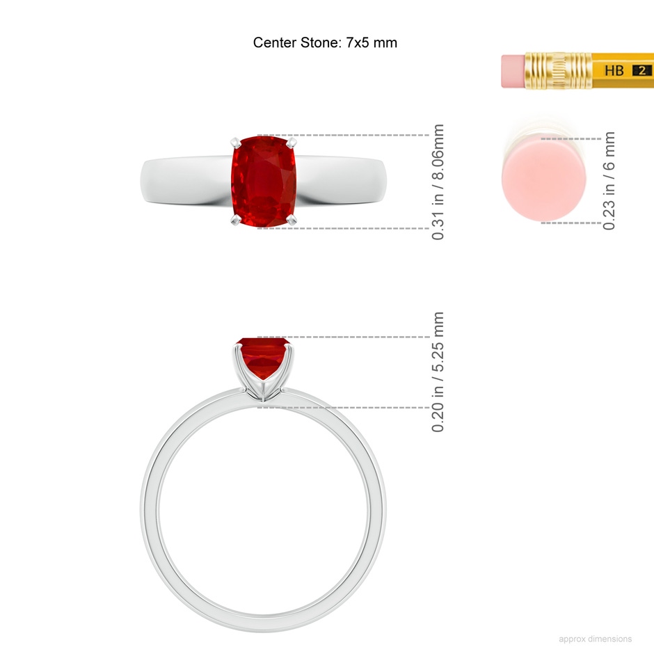 7x5mm AAA Prong-Set Cushion Rectangular Ruby Solitaire Engagement Ring in White Gold ruler