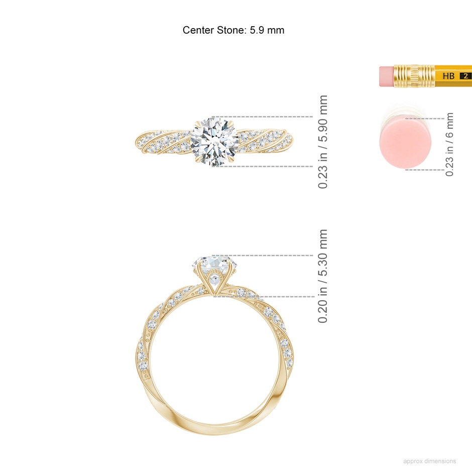 5.9mm GVS2 Round Diamond Twisted Rope Shank Engagement Ring in Yellow Gold ruler