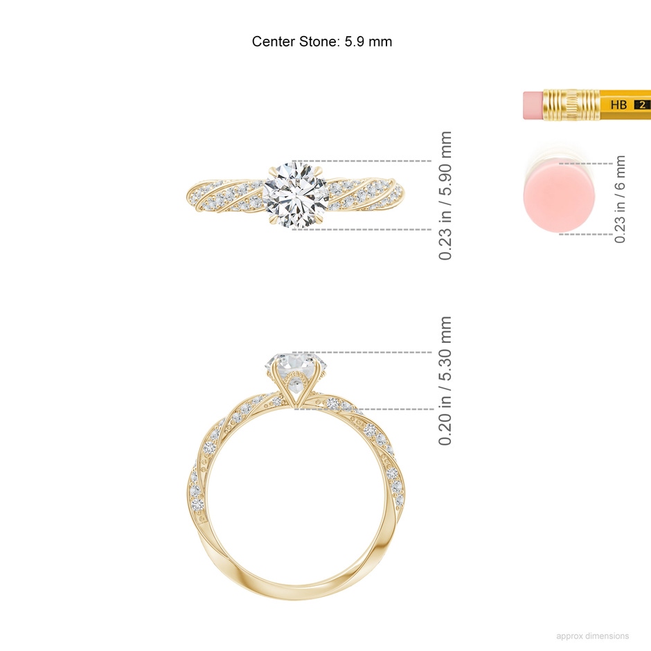5.9mm HSI2 Round Diamond Twisted Rope Shank Engagement Ring in Yellow Gold ruler