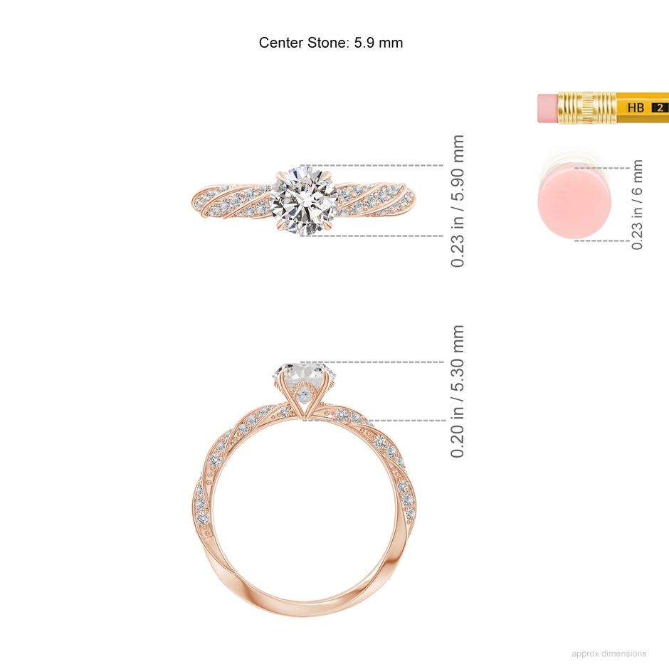 5.9mm IJI1I2 Round Diamond Twisted Rope Shank Engagement Ring in Rose Gold ruler