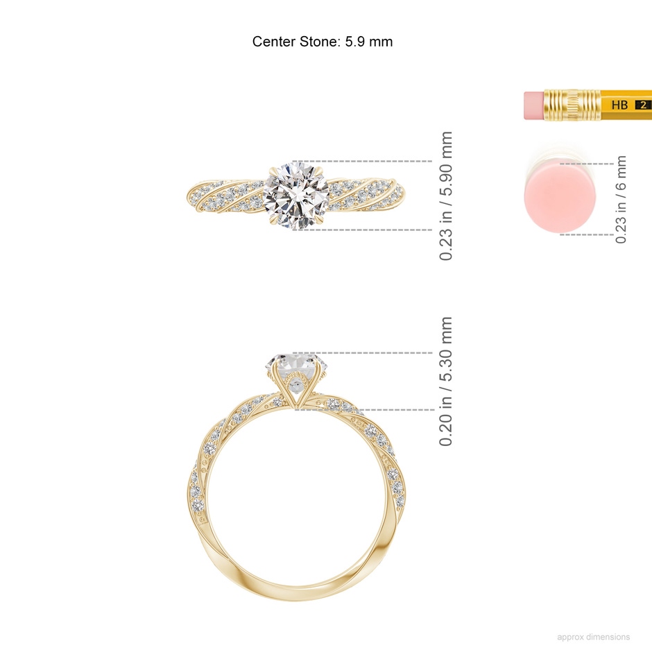 5.9mm IJI1I2 Round Diamond Twisted Rope Shank Engagement Ring in Yellow Gold ruler