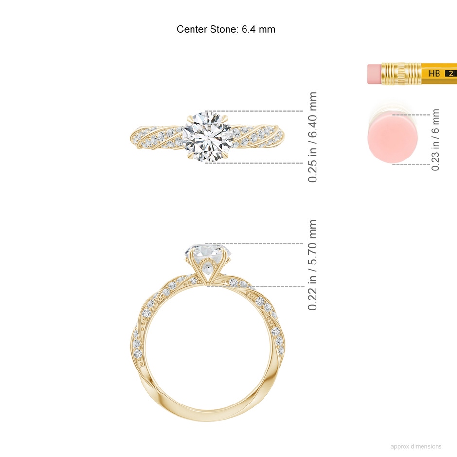 6.4mm HSI2 Round Diamond Twisted Rope Shank Engagement Ring in Yellow Gold ruler