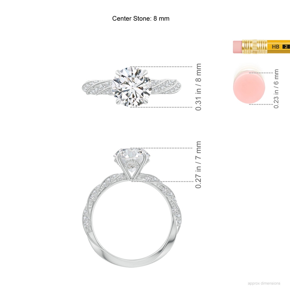 8mm HSI2 Round Diamond Twisted Rope Shank Engagement Ring in White Gold ruler