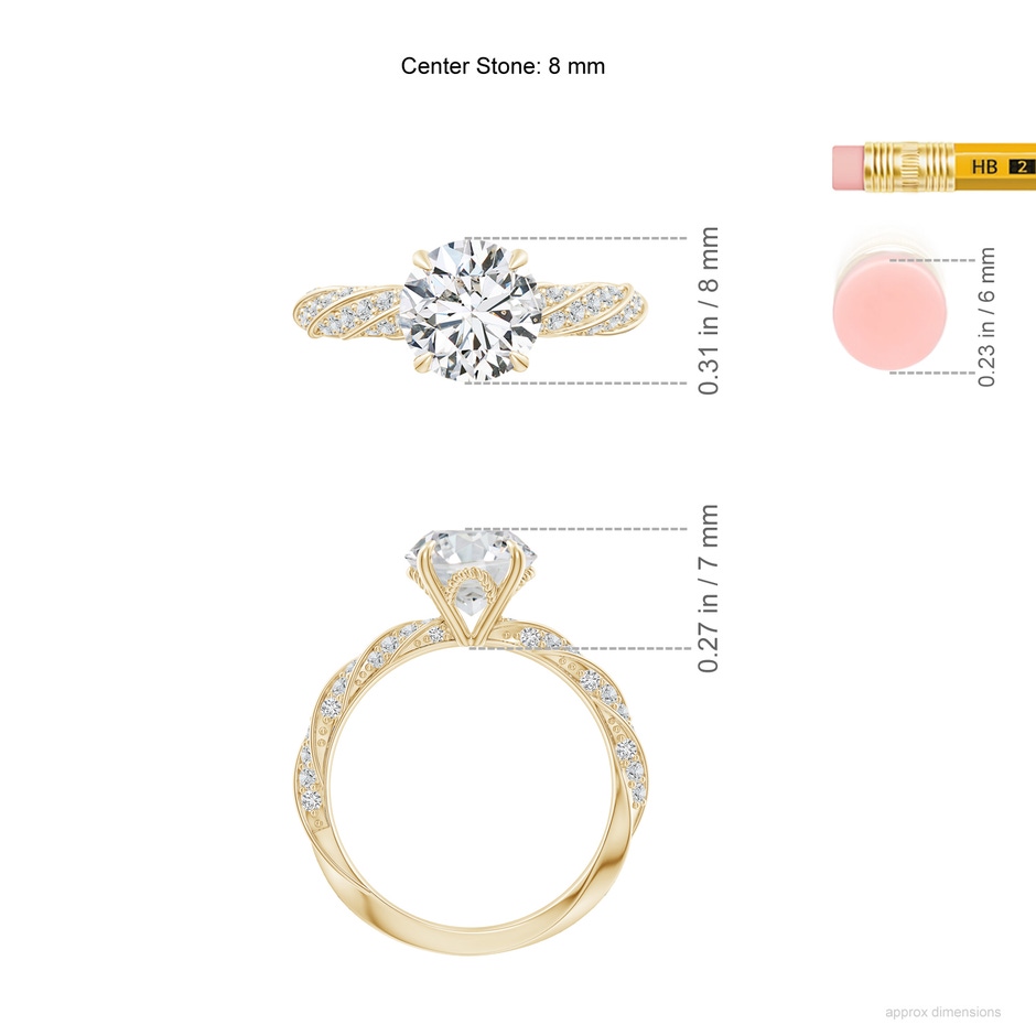 8mm HSI2 Round Diamond Twisted Rope Shank Engagement Ring in Yellow Gold ruler